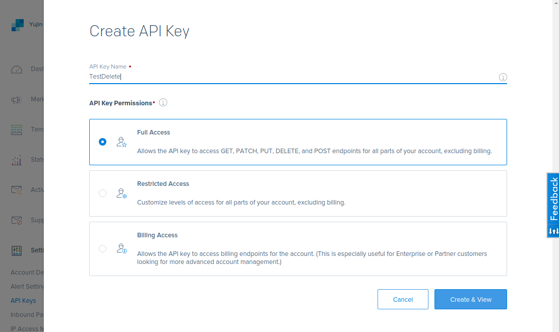 Sendgrid create api key