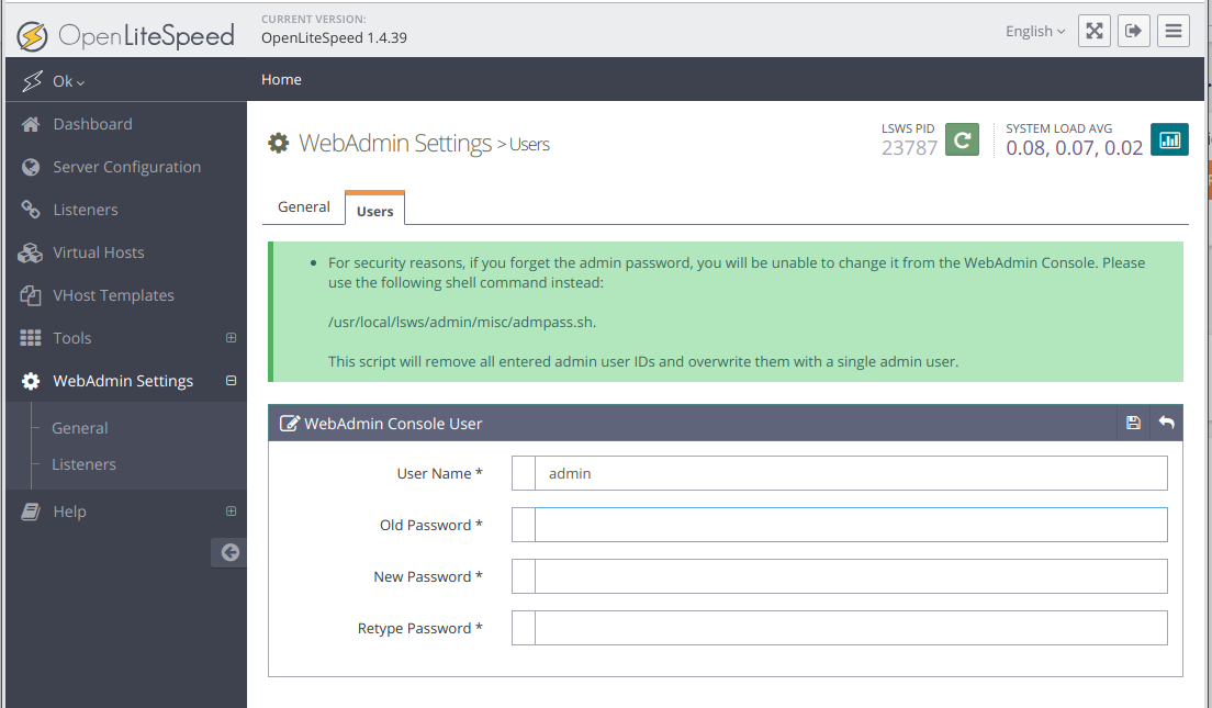 OpenLiteSpeed Change Admin Password
