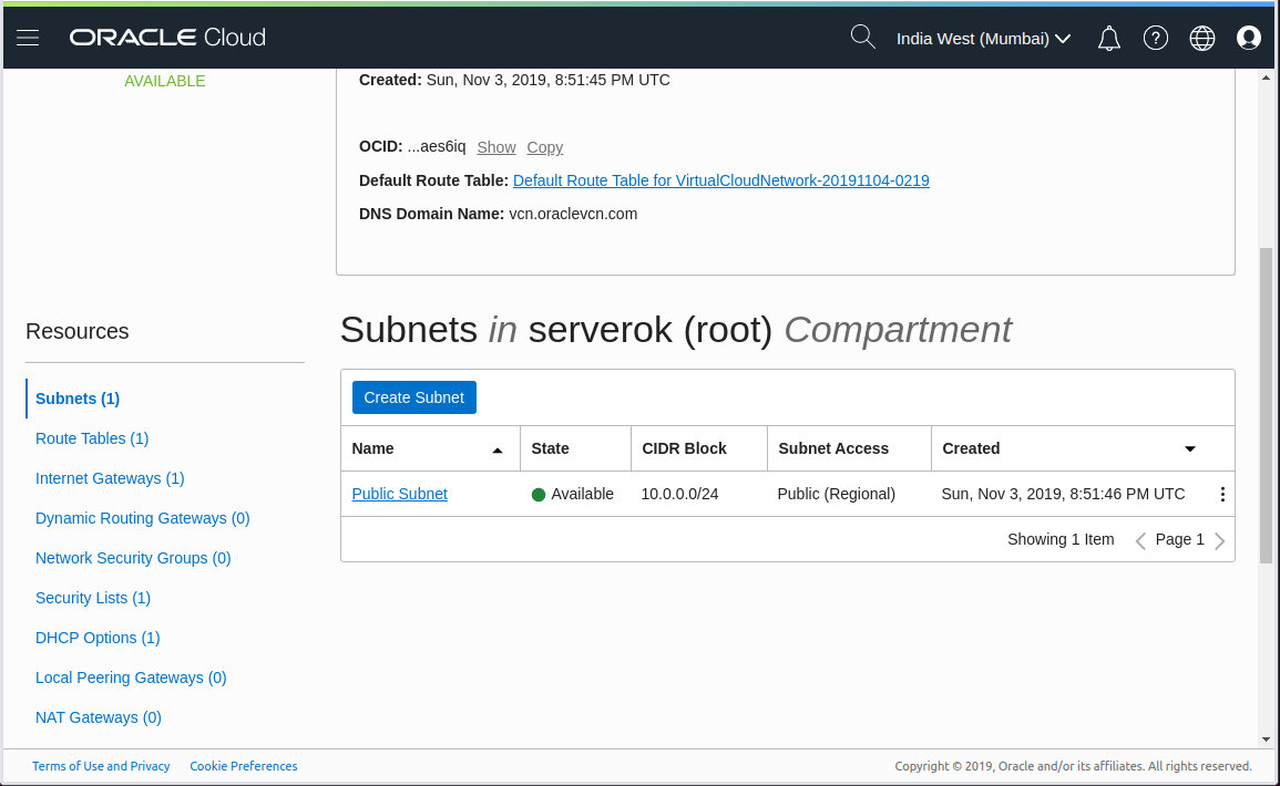 Oracle Cloud Public Subnet