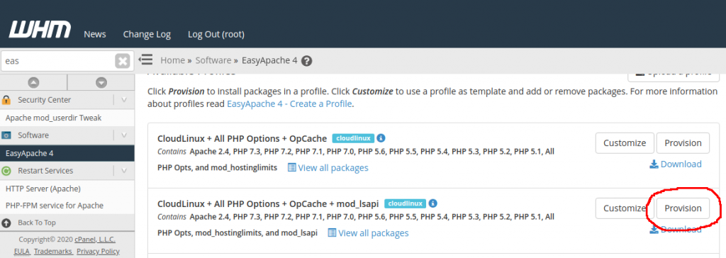 WHM EasyApache 4 PHP missing