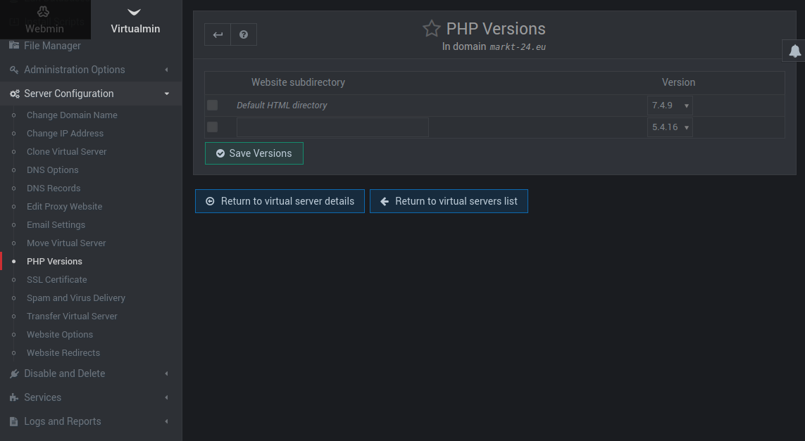 Change PHP version in Virtualmin Server