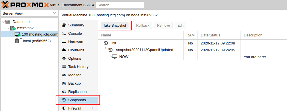 Proxmox take snapshot of Virtual Machine