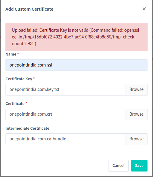 Nginx Proxy Manager Custom SSL upload error