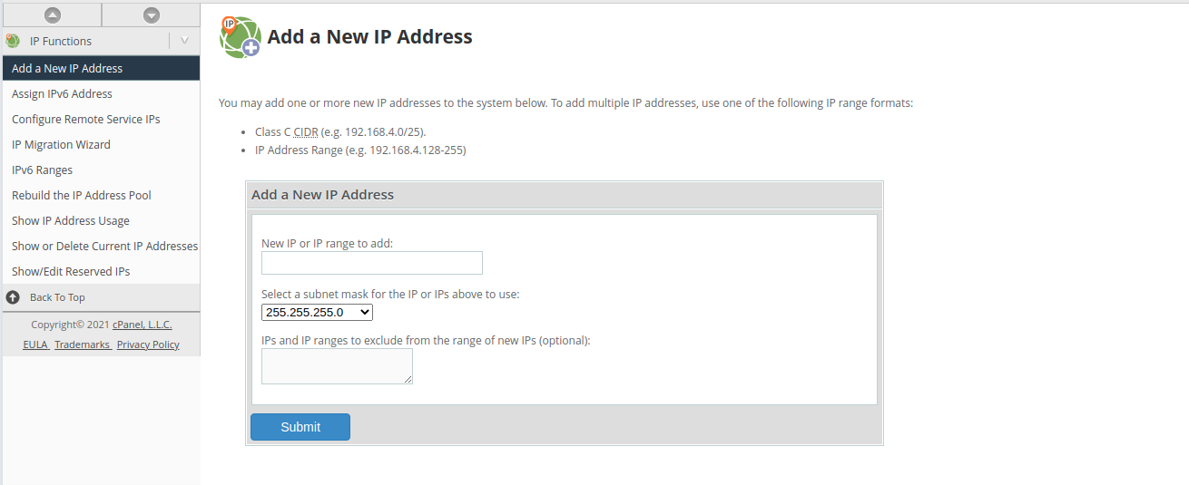 cpanel server add ip