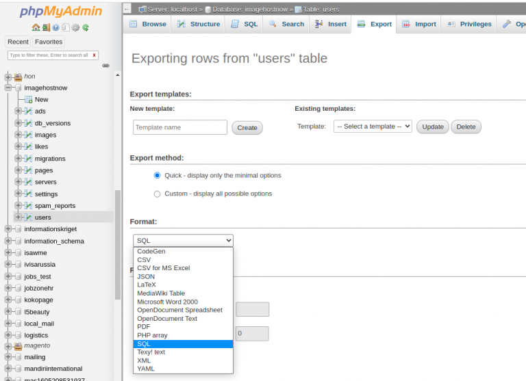 phpmyadmin export XML