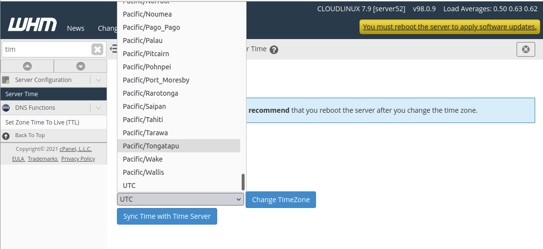 Cpanel WHM server time