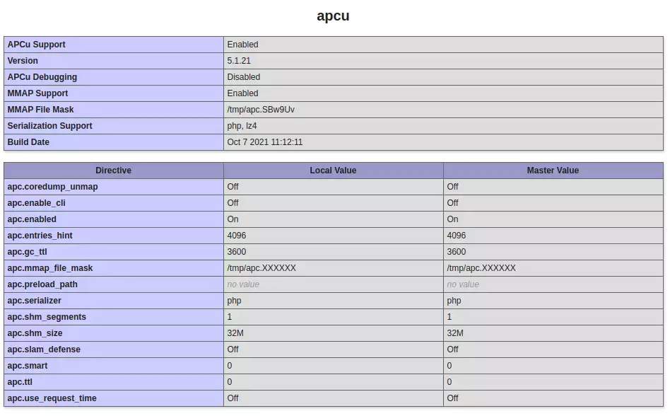 php APC cache in phpinfo