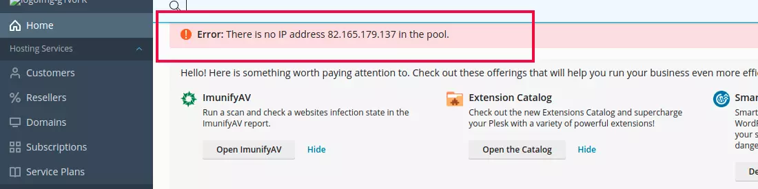 plesk no IP address in the pool