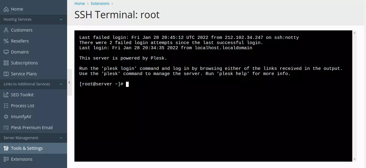 Plesk SSH terminal