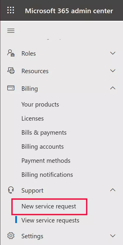 Microsoft 365 admin center menu