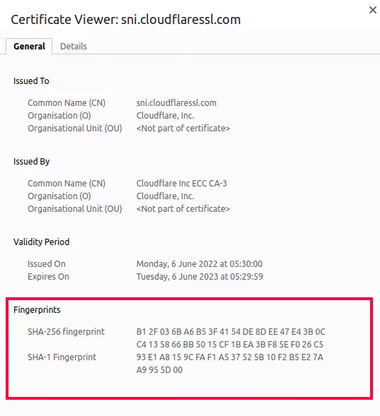 SSL certificate fingerprint in chrome