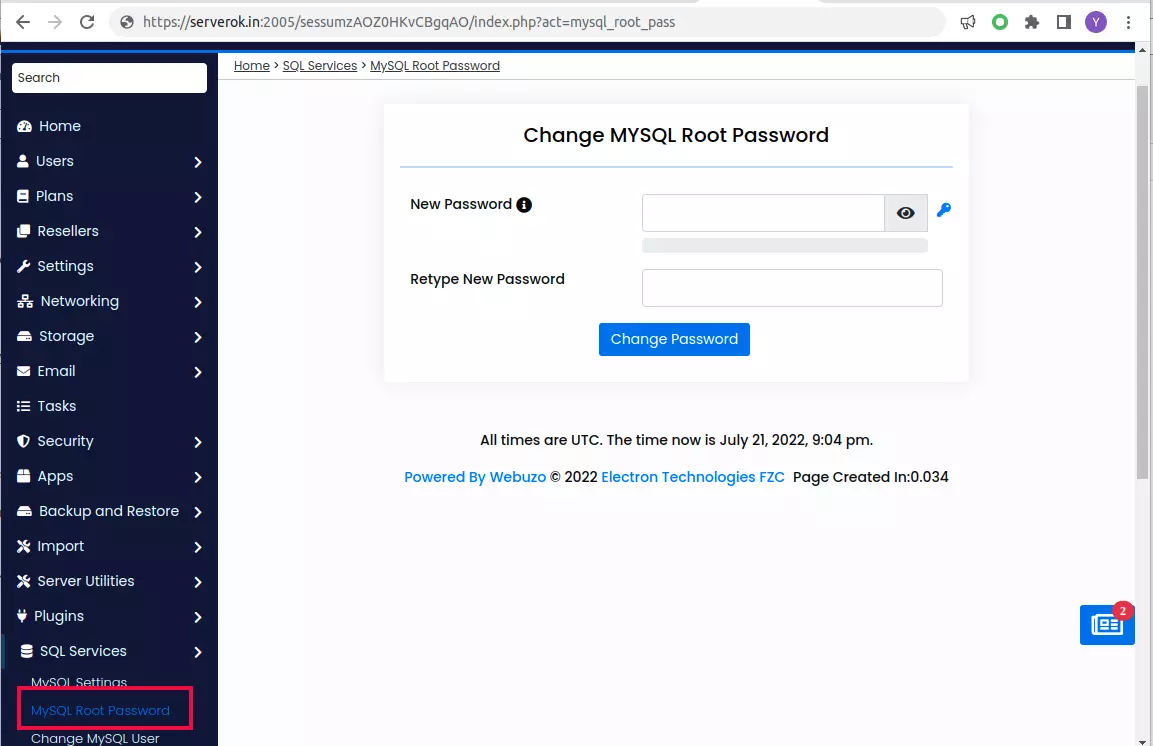 Change MySQL root password in Webuzo
