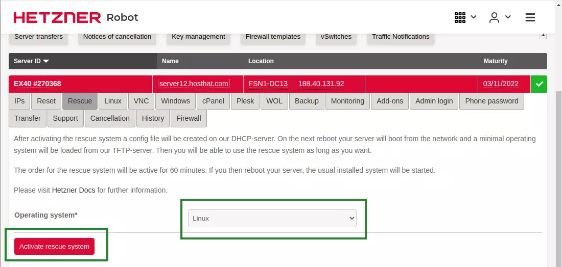 activate rescue mode on hetzner