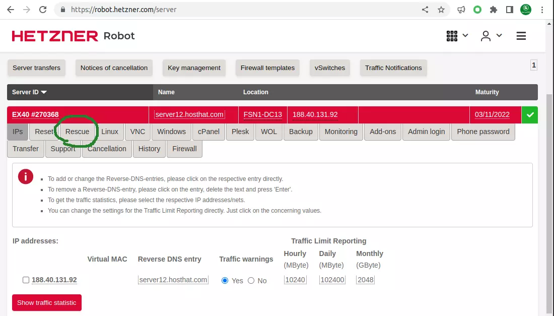 Hetzner server rescue mode