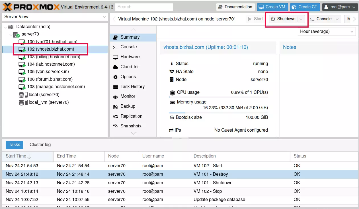 Shutdown proxmox virtual machine