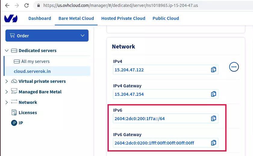 OVH Server manager network details IPv6