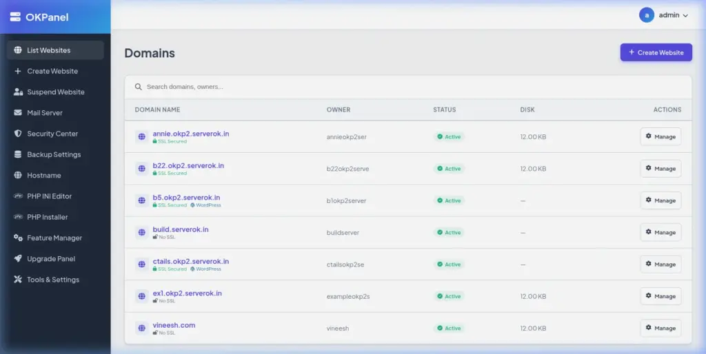 OkPanel hosting control panel dashboard